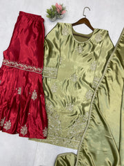 Beautiful Moss Satin Sequence Embroidery Work Suit