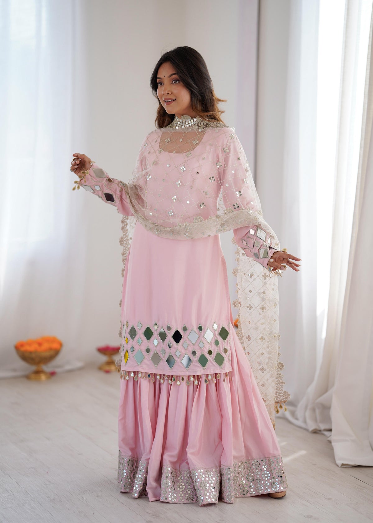 Party-wear French Crepe Embroidery Thread With Real Mirror Work Sharara