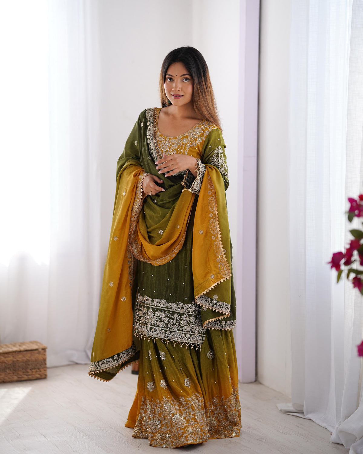 Beautiful Designer Chinon Silk Sequence With Rivet Moti Work Sharara