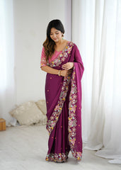 Designer Cutwork Embroidery Noha Crush Saree With Mono Silk Blouse