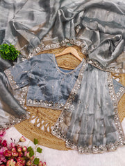 Trending Party-wear Soft Burberry Silk Embroidery & Real Mirror Hand Work Saree
