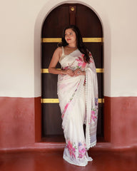 Beautiful White Georgette Digital Printed With Fancy Lace Border Saree
