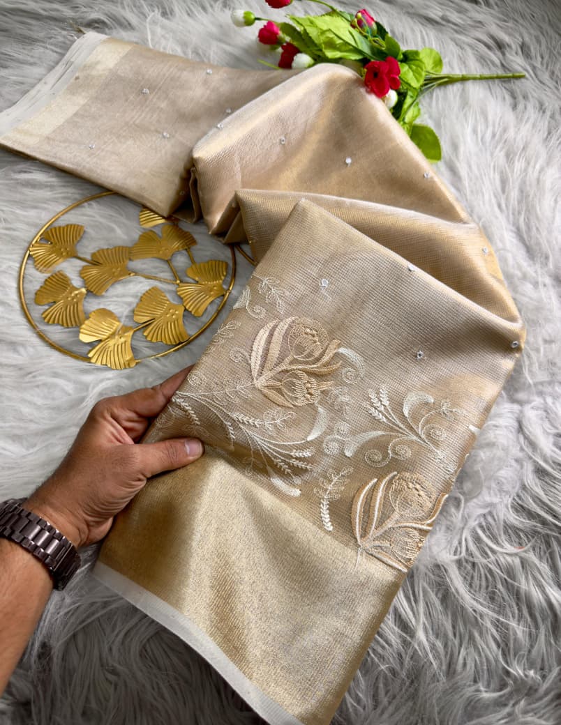 Beautiful Golden Banarasi Handwoven Embroidery Tissue Saree