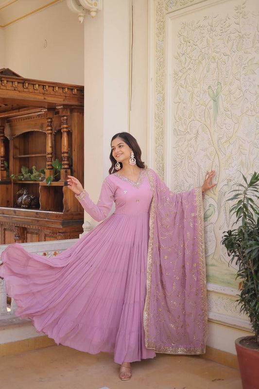 Unique Coloured Georgette With Embroidered Work Gown