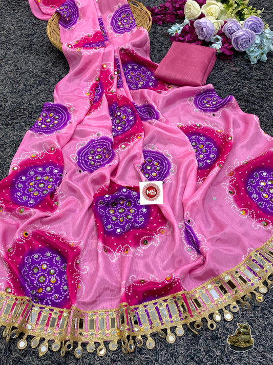 Beautiful Chinon Silk Mirror Handwork Saree