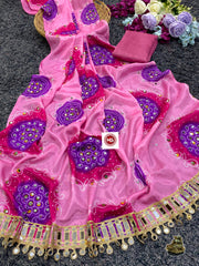 Beautiful Chinon Silk Mirror Handwork Saree
