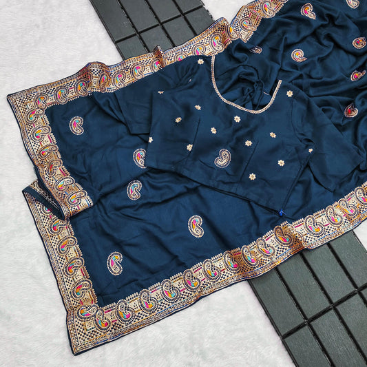 Beautiful  Vichitra Silk With Heavy Embroidery Thread Zari Work Saree