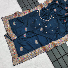 Beautiful  Vichitra Silk With Heavy Embroidery Thread Zari Work Saree