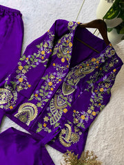 Trendy Stylish Chinon Silk Sequence Embroidery Work Three Piece Set