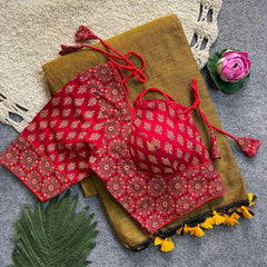 Beautiful Khadi Cotton Silk Saree With Designer Ready-made Ajrakh Cotton Blouse