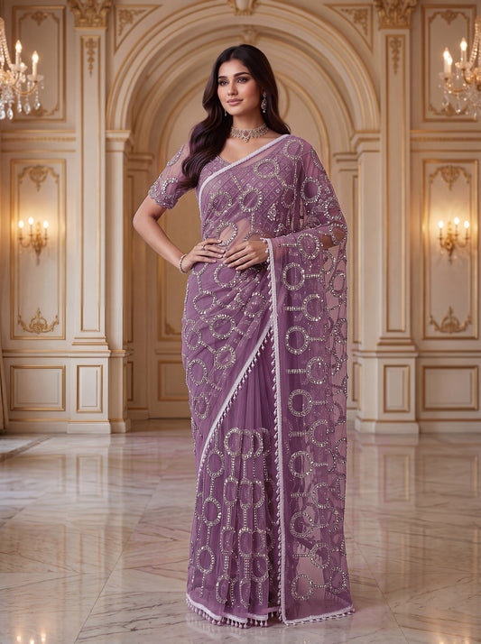 Party-wear Net Beads Sequence & Pearls Embroidery Work Saree