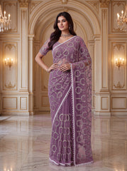 Party-wear Net Beads Sequence & Pearls Embroidery Work Saree