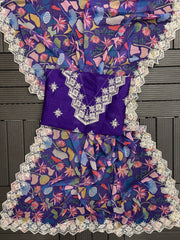 Beautiful Premium Georgette Digital Printed Embroidery Codding Sequence Work Saree