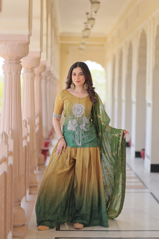 Trendy Designer Ready-made Chinnon Print Rich Beads Embroidered Work Sharara