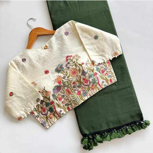 Beautiful Khadi Cotton Saree With Heavy Embroidery Work Stitched Blouse