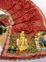 Beautiful Chinon Silk Digital Print With Bhandhani Zarkan Diamond Work Saree