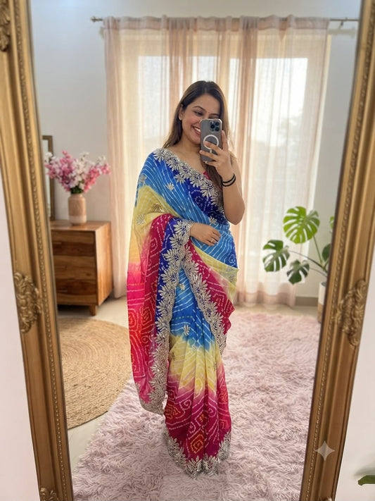 Beautiful Multi Shaded Lehriya With Silver Zari Sequence Shiny Leaf Work Saree