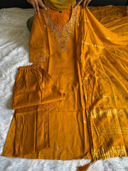 Beautiful Roman Silk Embroidery With Sequence Work Yellow Dress