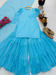 Party-wear Georgette Lace Work Top Palazzo & Dupatta Set