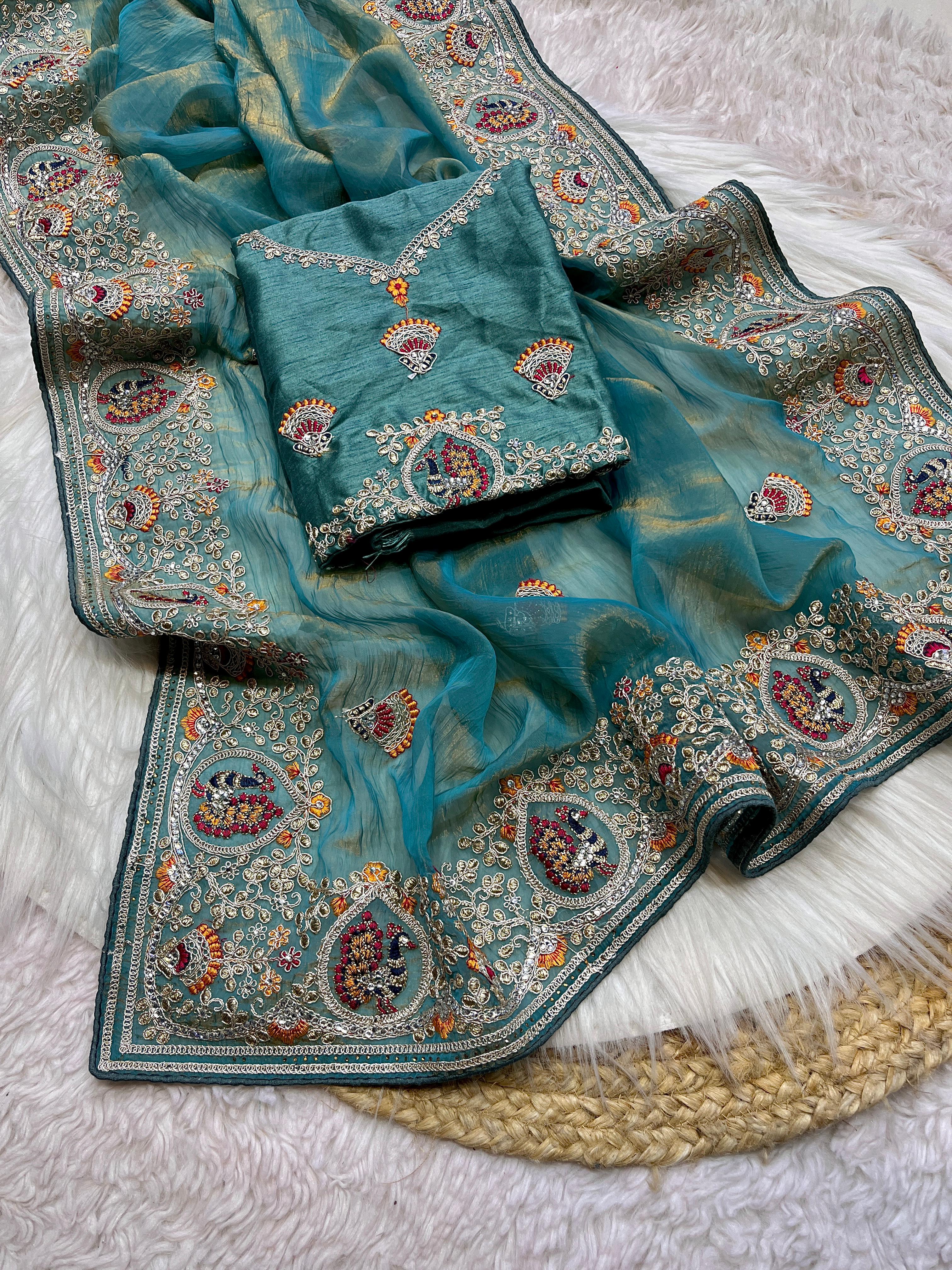 Beautiful Soft Srivali Silk Exquisite Peacock Multi-Thread Figure Saree