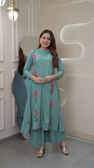 Stylish Rayon Embroidery Work Long Flair Kurti With Palazzo