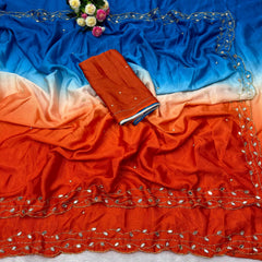 Beautiful Pure soft Chinon Peding Katdana Moti With Real Mirror Work Saree