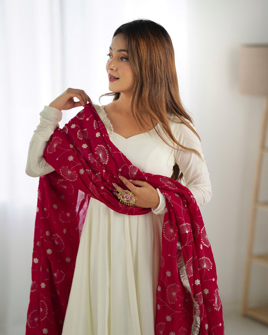 Beautiful White Pure Soft Vichitra Silk Gown