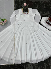 Beautiful Georgette White Designer Handwork Gown