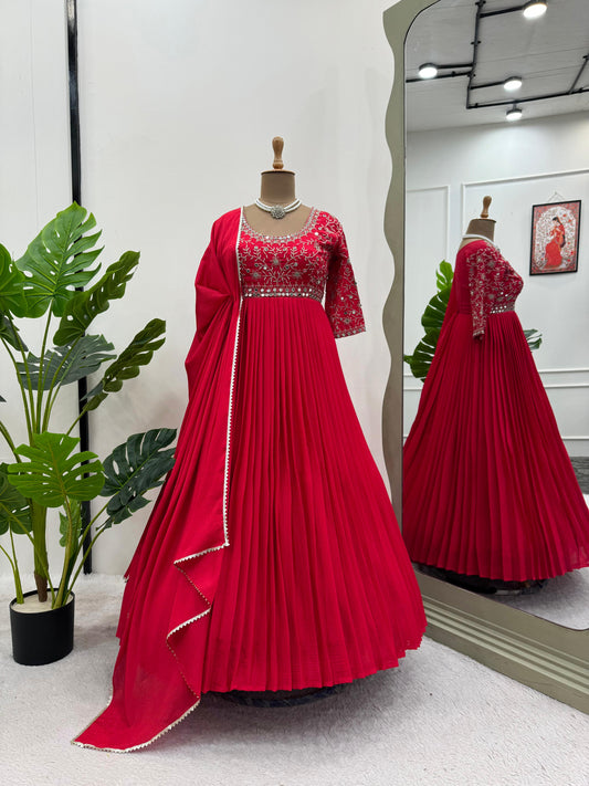 Attretive Chinon Silk Real Mirror Work Gown