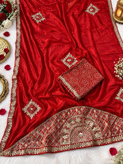 Beautiful Chinon Bandhej Patch Butta With Gotapatti Work Saree