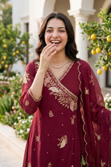 Elegant Maroon Mul Chanderi Sequence Embroidery Work Gown