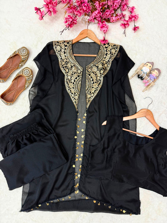 Rakshabandhan Georgette Sequence & Zari Embroidery Handwork Indo Western Set With Shrug