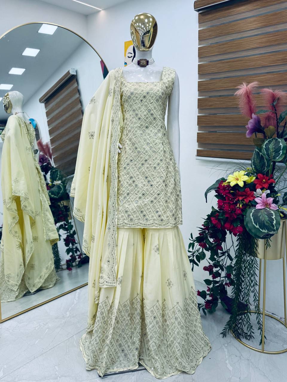 Designer Party-wear Natural Crepe Embroidery Sequence Suit