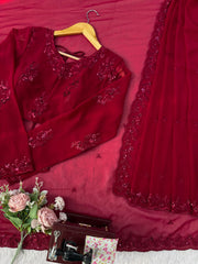 Elegance Redefined Red Georgette Thread & Sequence Work Saree