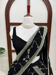 Trendy Black Georgette Thread Sequence Work Lehenga Saree