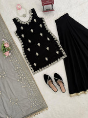 Festive Ready Black Palazzo Set With Fancy Lace & Embroidery Work