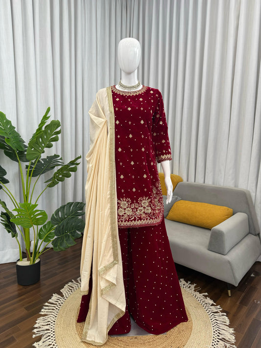 Elegant Ethnic Viscose Velvet Thread & Sequence With Pearl Work Suit
