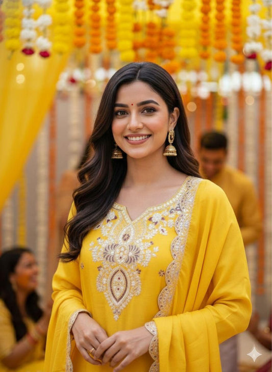 Beautiful Haldi Special Chinon Silk Coding With Sequence Embroidery Work Suit