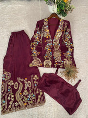 Party-wear Designer Chinon Silk Sequence Embroidery Work 3 Piece Set