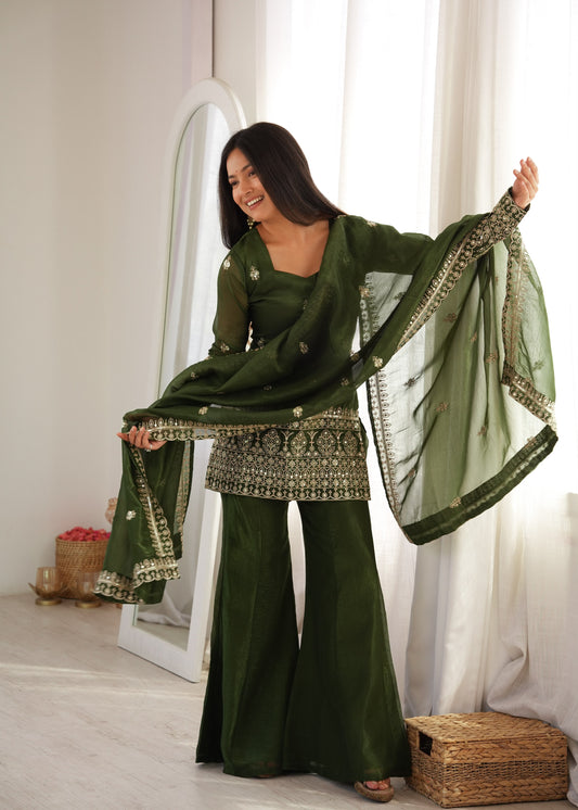 Party-wear Stylish Crunchy Silk Embroidery & Sequence Work Sharara