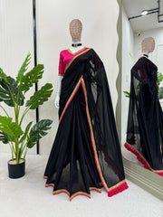 Black Beautiful Mul Cotton Fancy Lace Border Saree