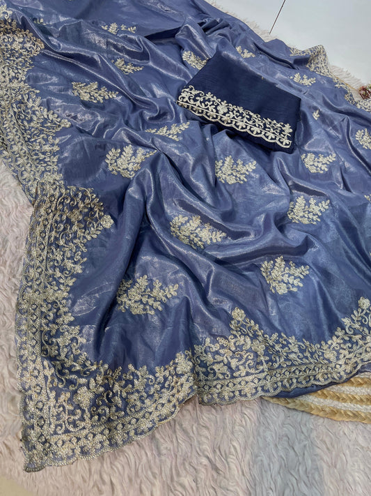 Beautiful chocolate Silk chain stitched Butta In Whole Saree