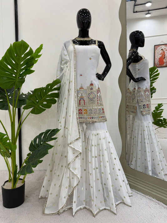 Beautiful Designer White Georgette Thread With Sequence Work Sharara