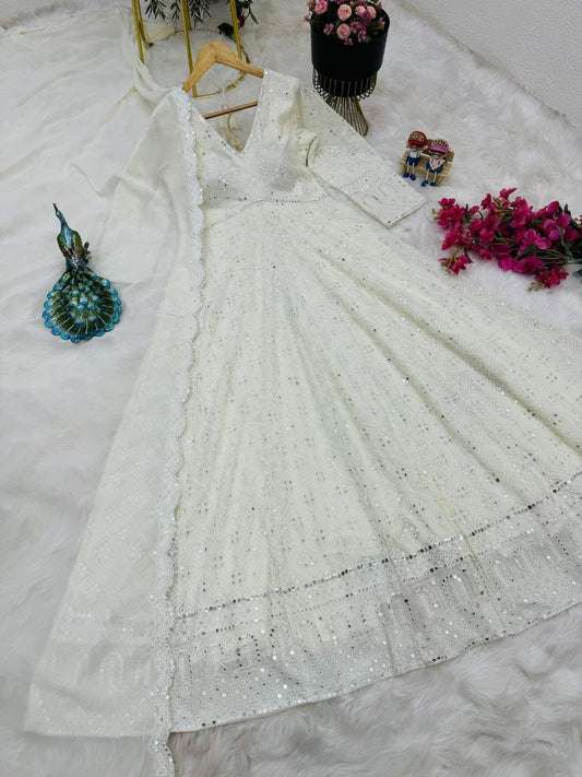 Partywere White Colour Georgette Work Gown