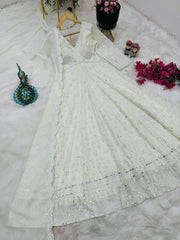 Partywere White Colour Georgette Work Gown
