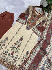Beautiful Chinon Silk Mirror Work Printed Suit