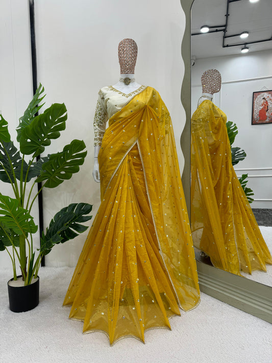 Beautiful Designer Heavy Twill Net Thread &  Sequence Work Saree