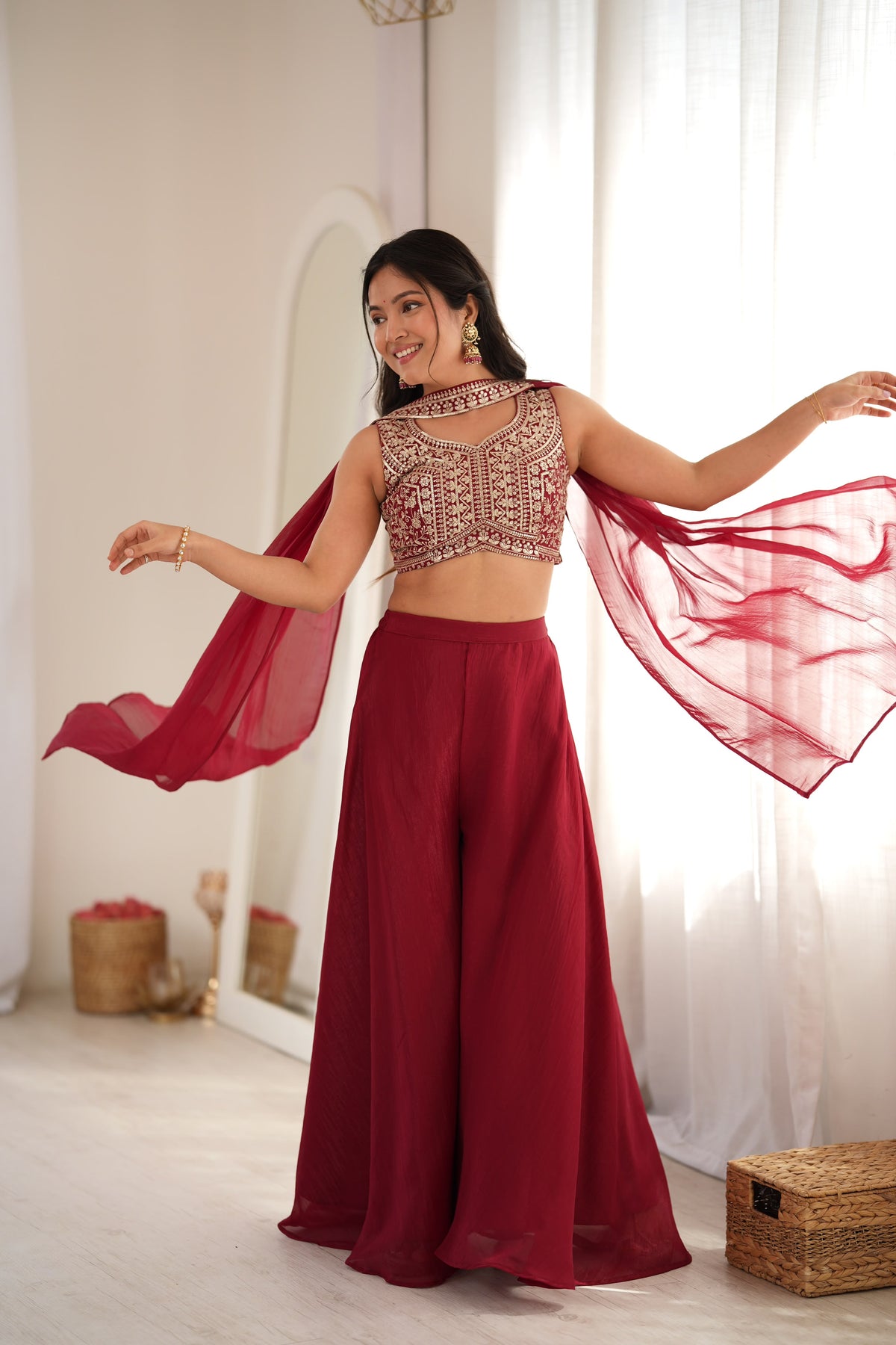 Indo-western Crunchy Silk Crop Top Palazzo Set
