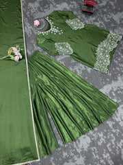 Party-wear Green Chinon Silk thread with Sequence Sharara