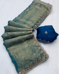 Party-wear Fendy Chiffon Flower Embroidery With Hand Moti Work Saree